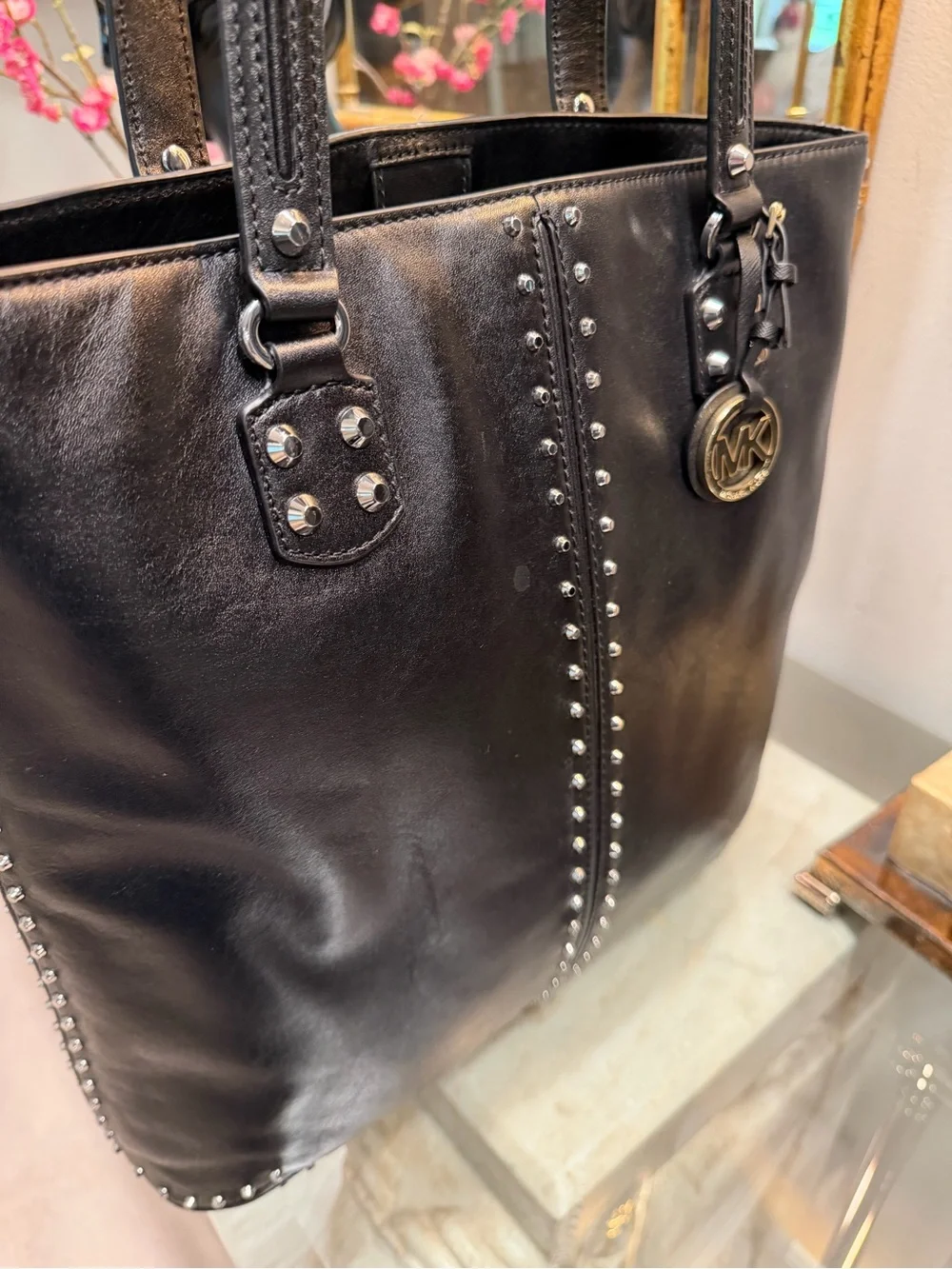 Michael Kors Black Leather Studded Chic Top Handle Tote NWOT